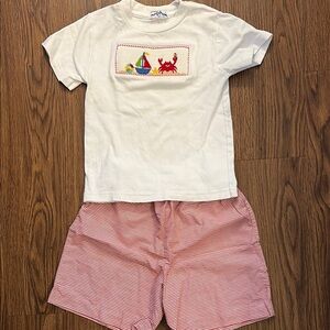 Smocked sailboat and crab T-Shirt with Red Striped Shorts